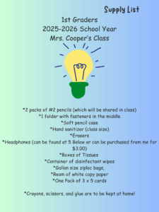 Ms. Cooper's supply list for 25/26