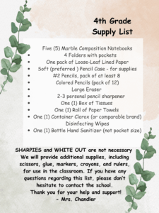 Supply list for 25/26 4th grade.