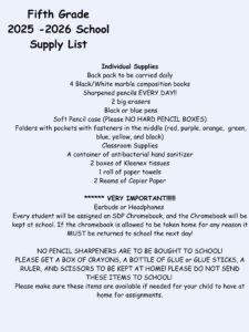 Supply list for 25/26